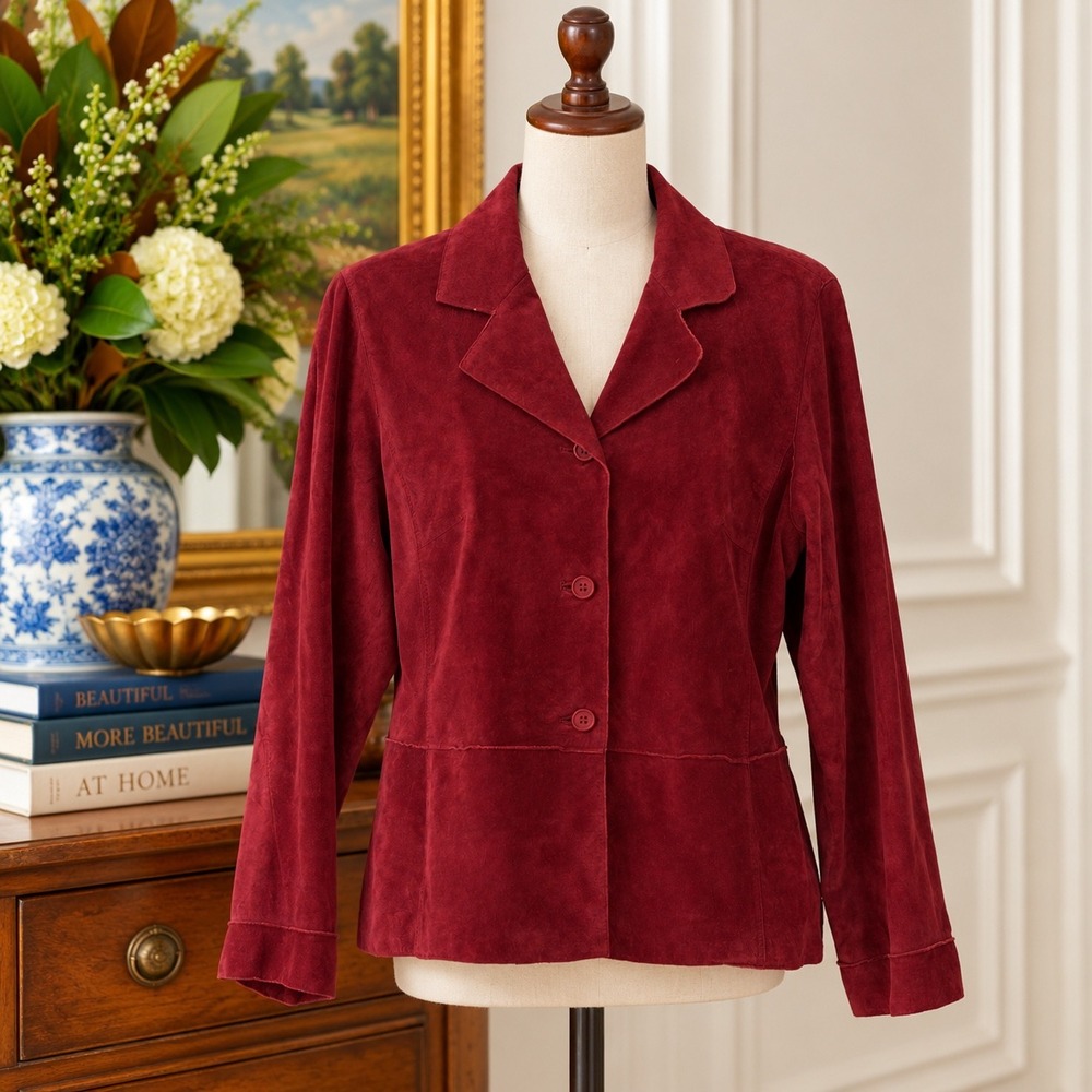 Vintage Brandon Thomas Garnet Cranberry Suede Leather Blazer XL Y2K
